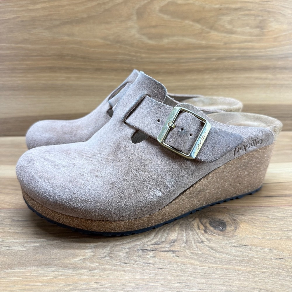 Papillio Birkenstock Boston Fanny Clog Wedge Womens 7 N EU 38 Beige Suede Mule